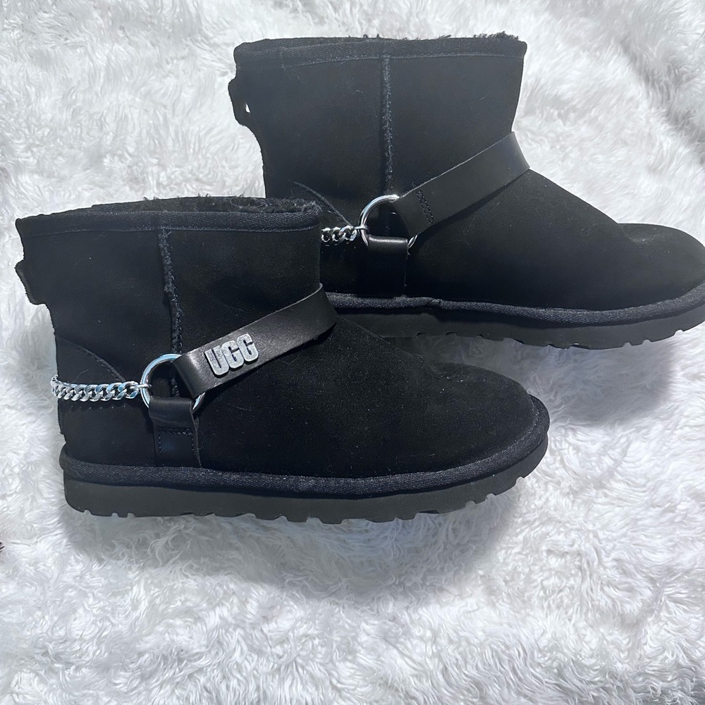 UGG Black Suede Boots with Chain Detail
Only tried on once.  Been in closet.